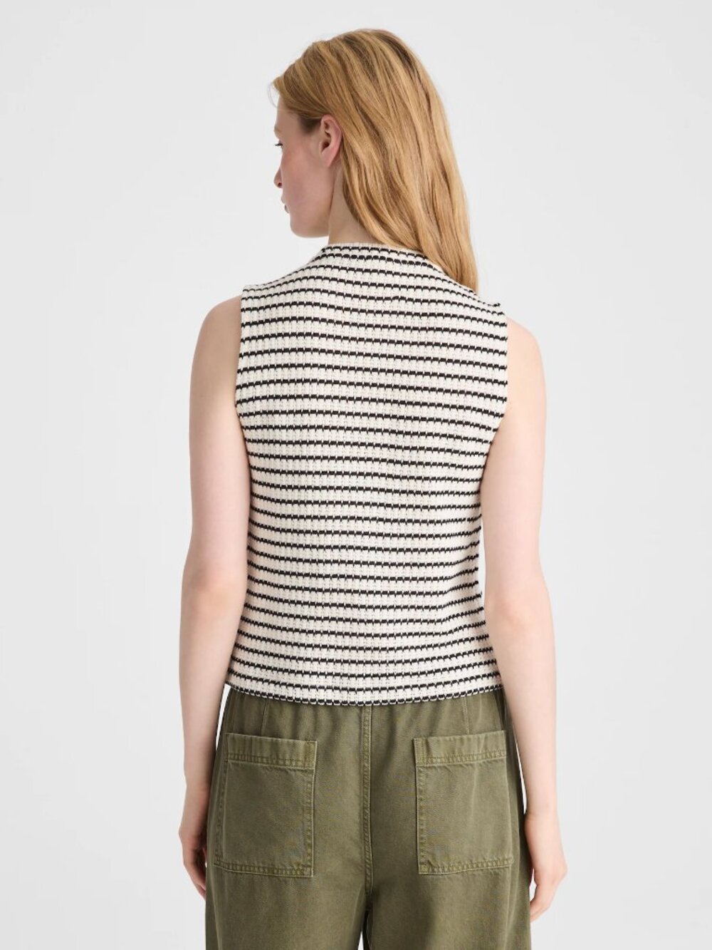 Madewell Cream/Black Striped Button-Down Textured Tuck Stitch Shell Top S NWOT - Picture 4 of 6